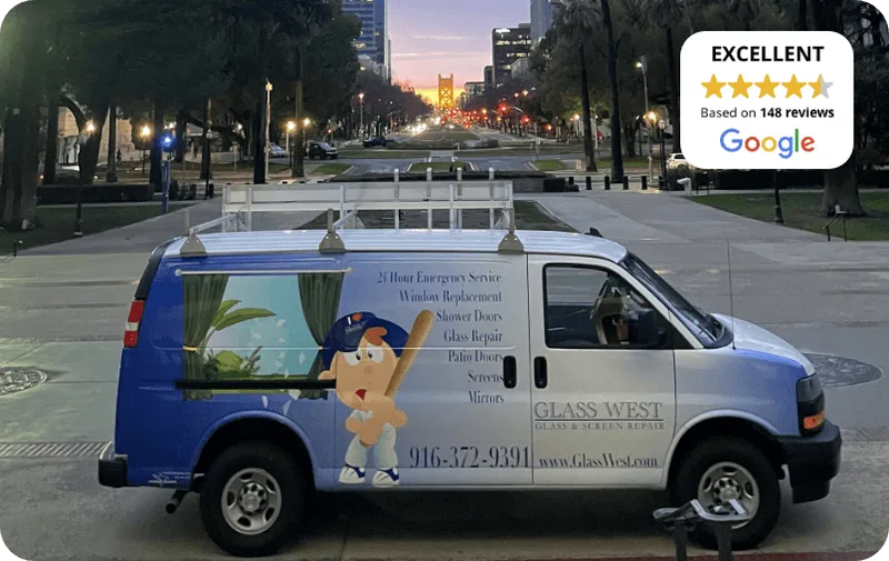 Glass West service van in downtown Sacramento — rated Excellent on Google with 148 reviews